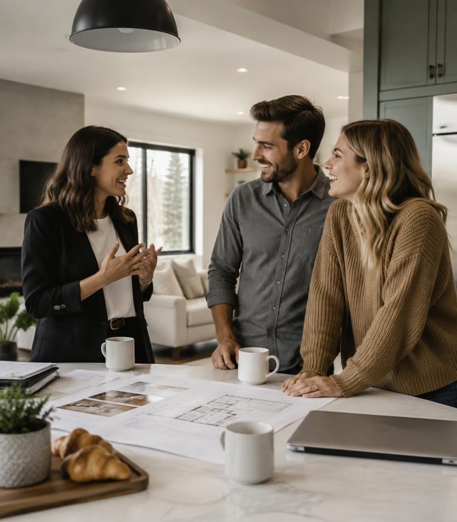 Real estate agent discussing property plans with clients